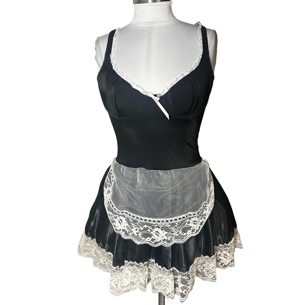 Jolie Intimates Maid Costume Size M Black Lace Trim Apron Bodysuit Ruffle Skirt